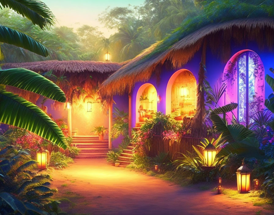 Tropical Twilight Scene with Thatched Huts and Lanterns