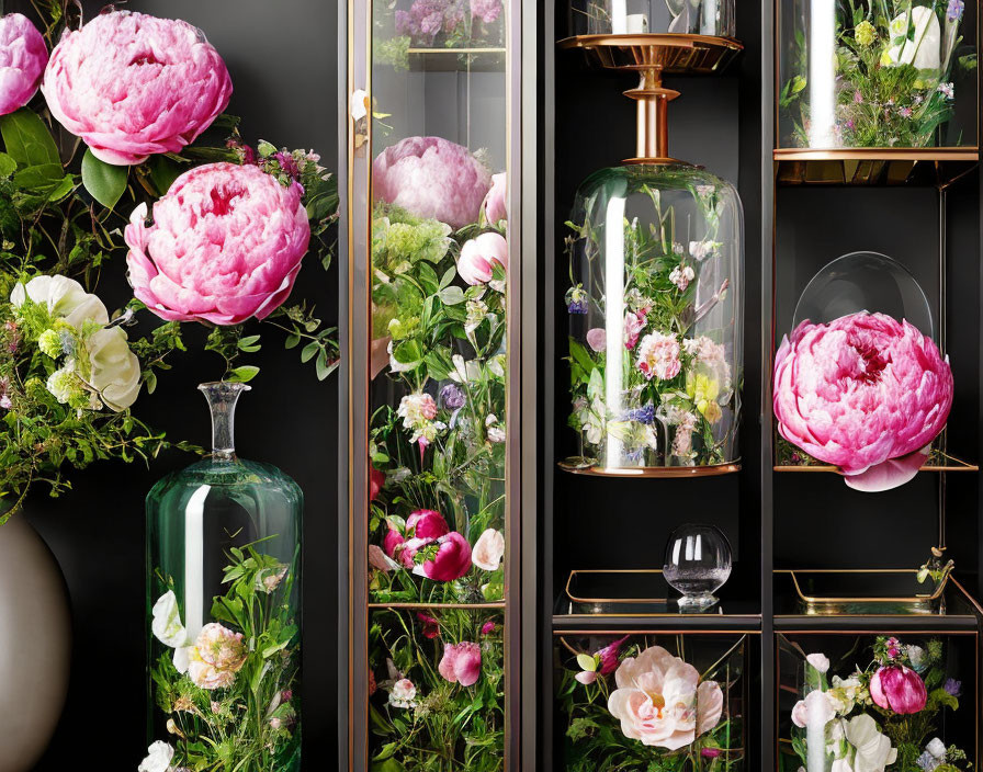 Stylish interior with black shelves showcasing vases and bell jars filled with pink peonies and