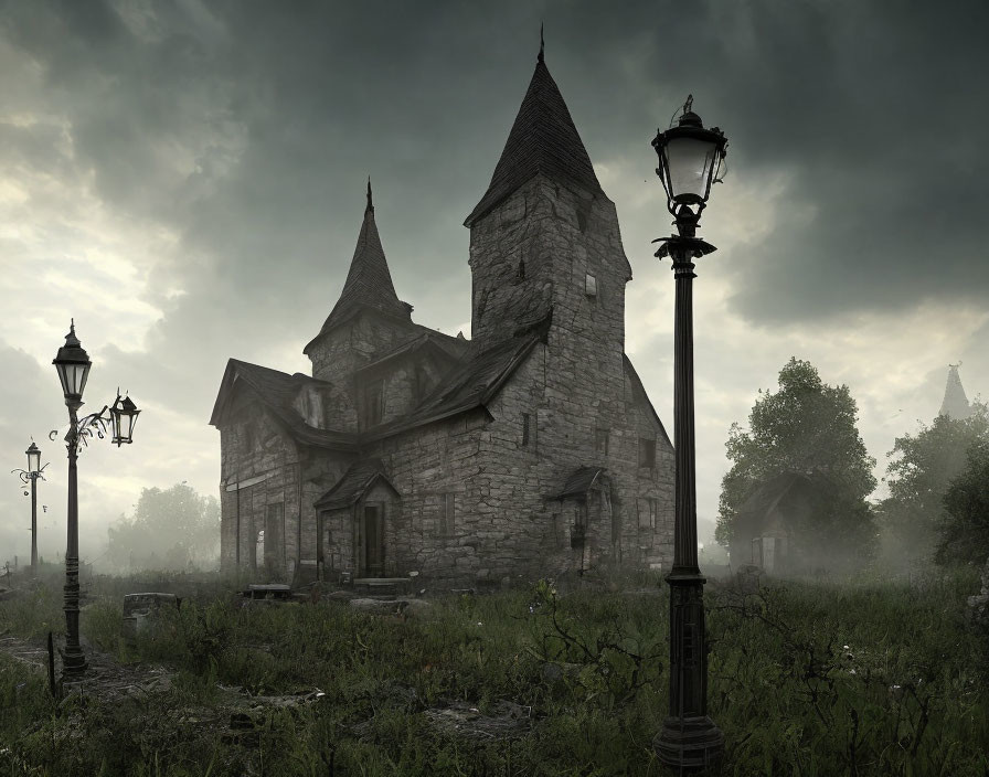 Stone church with spire in overgrown foliage under stormy sky.