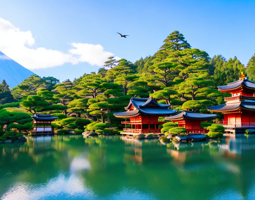 Red Japanese Buildings by Lake with Mt. Fuji View