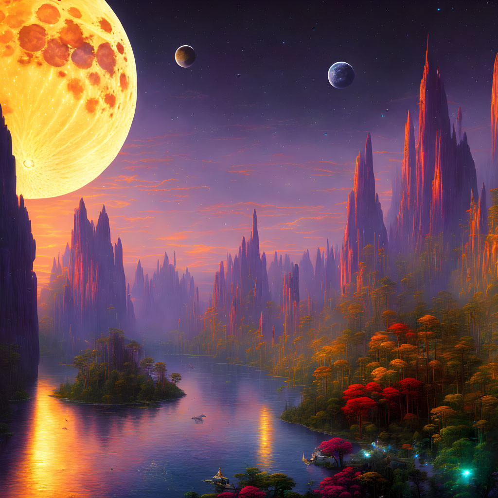 Fantastical landscape with towering spires, reflective river, lush forests