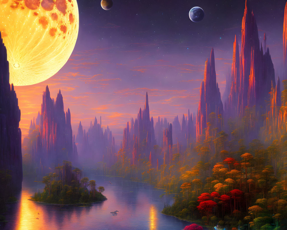 Fantastical landscape with towering spires, reflective river, lush forests