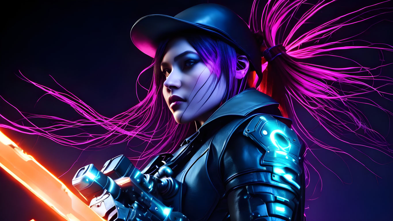 3D render of female character with purple hair in futuristic outfit and glowing sword