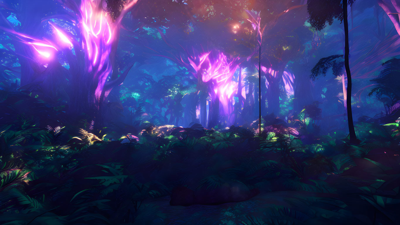 Mystical forest with neon purple lighting and dense foliage