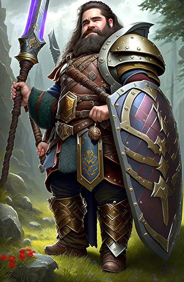 Fantasy dwarf warrior with rune sword in detailed armor in mythical forest