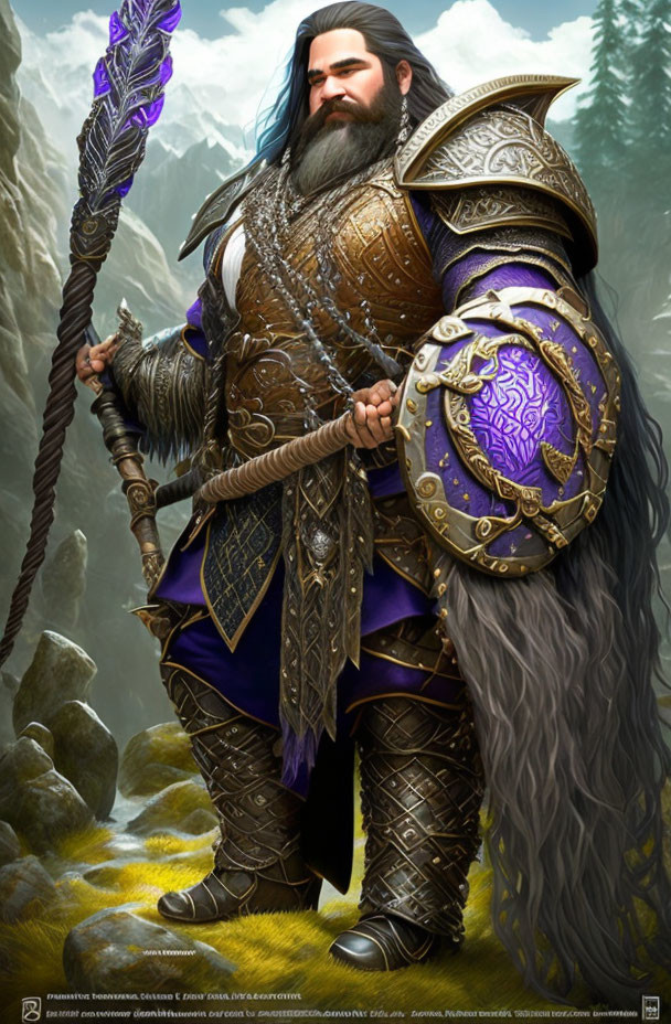 Majestic fantasy dwarf in armor with staff and shield in mountainous setting