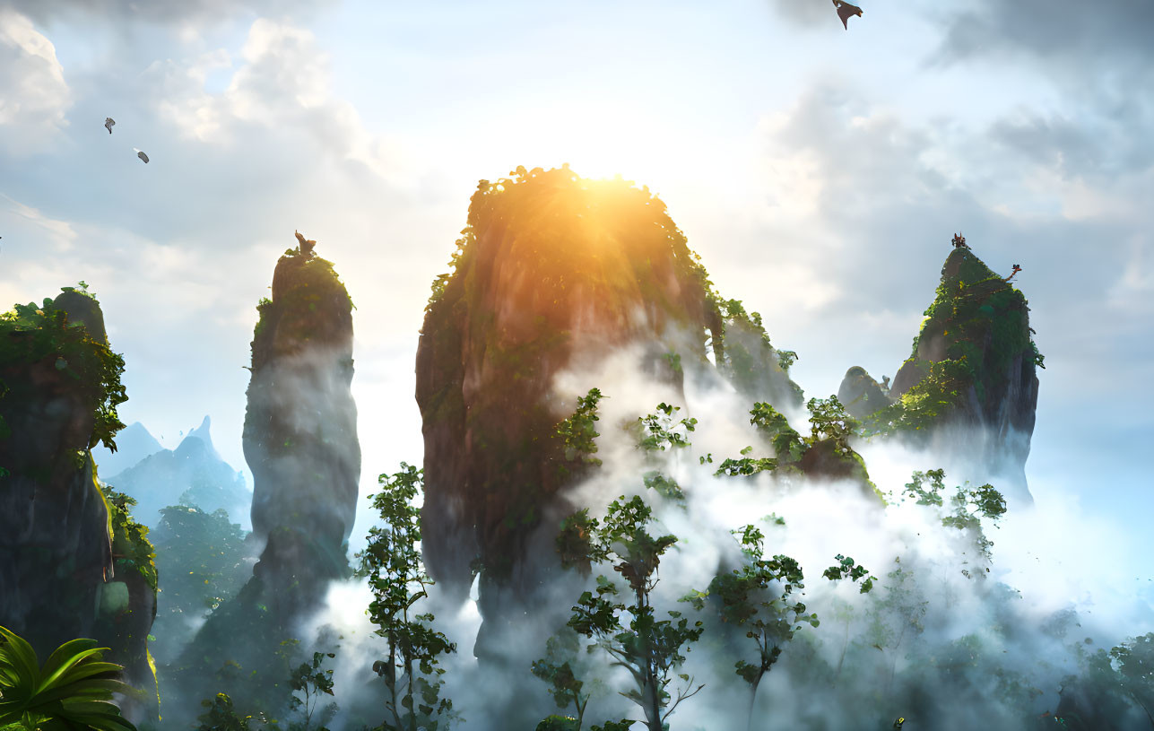 Majestic sunrise over misty mountains with greenery and birds.