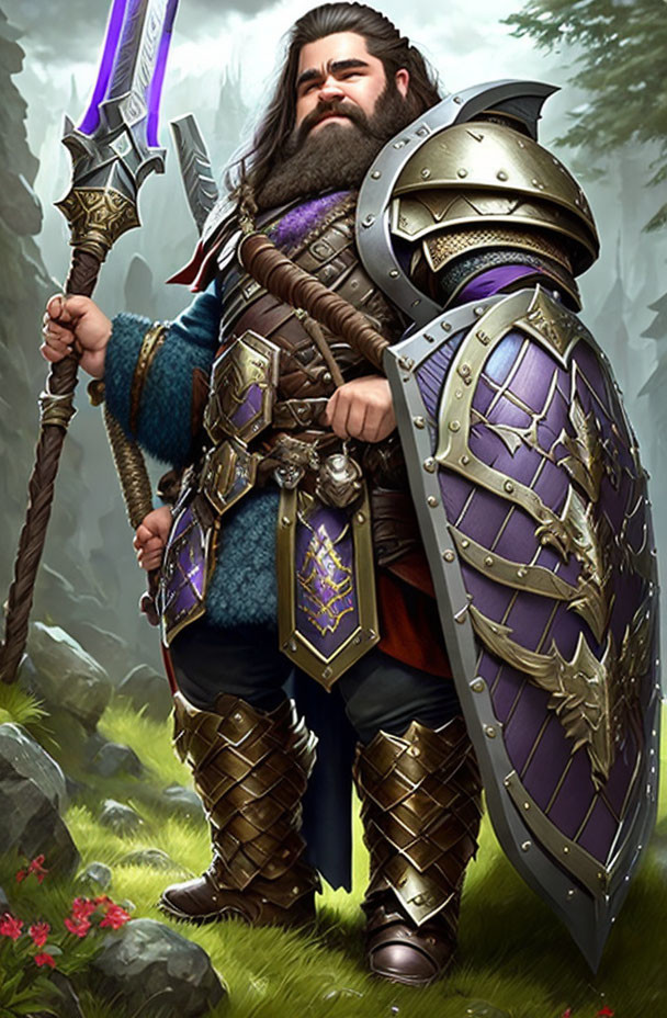 Detailed fantasy dwarf warrior in armor with warhammer and shield in misty forest