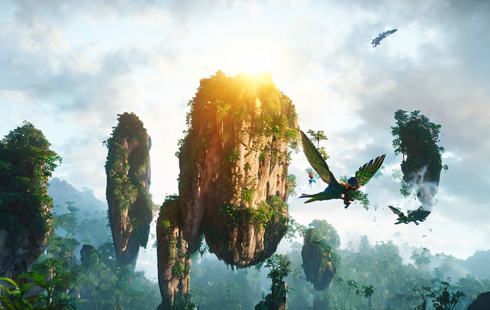 Mystical floating jungle with rock pillars and exotic birds