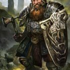 Majestic fantasy dwarf in armor with staff and shield in mountainous setting