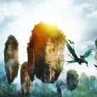 Mystical floating jungle with rock pillars and exotic birds