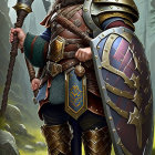 Detailed fantasy dwarf warrior in armor with warhammer and shield in misty forest