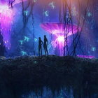 Mystical forest with neon purple lighting and dense foliage