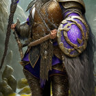 Fantasy dwarf warrior with rune sword in detailed armor in mythical forest