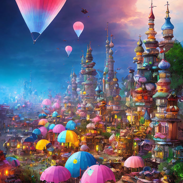 Colorful hot air balloons float over ornate fantasy cityscape at twilight