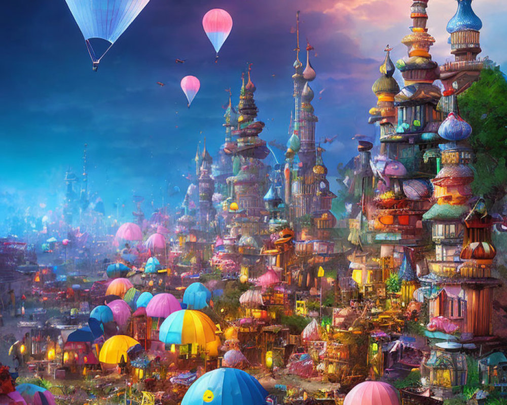 Colorful hot air balloons float over ornate fantasy cityscape at twilight