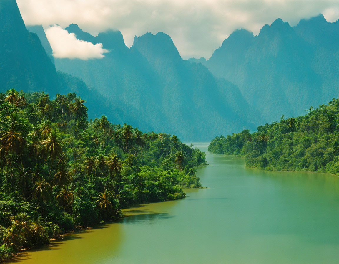 Tranquil river in lush forest with misty mountains and hazy sky