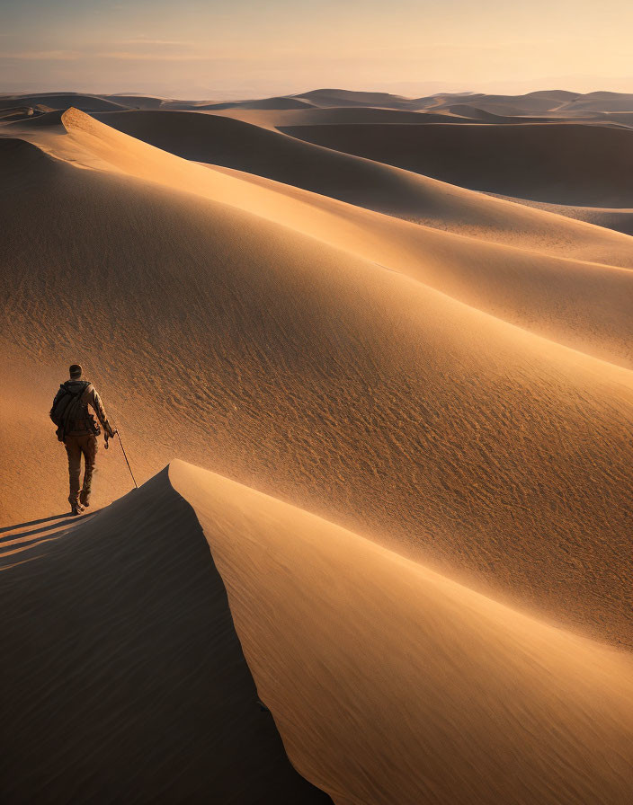 Person Walking on Sand Dune Crest in Desert Landscape