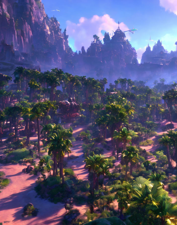 Tropical Forest with Cliffs, Palm Trees, and Sunset Shadows