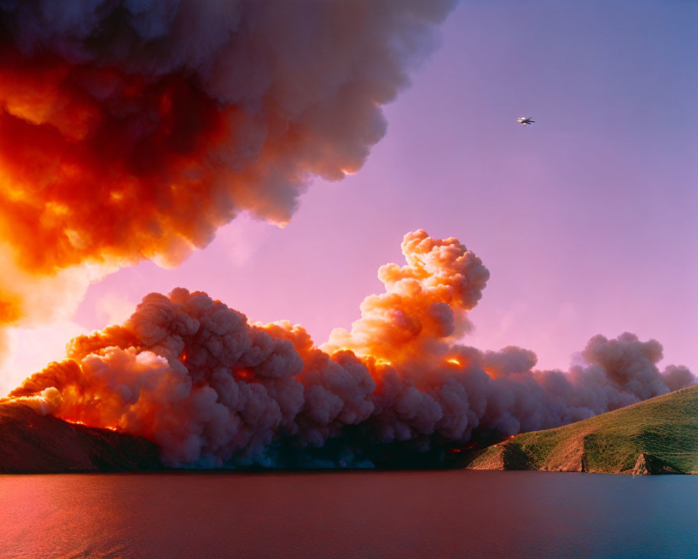 Aerial view of plane over tranquil lake and green hills at sunset