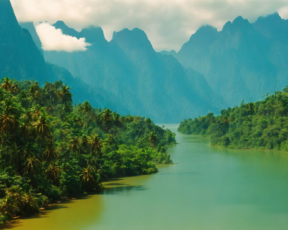 Tranquil river in lush forest with misty mountains and hazy sky