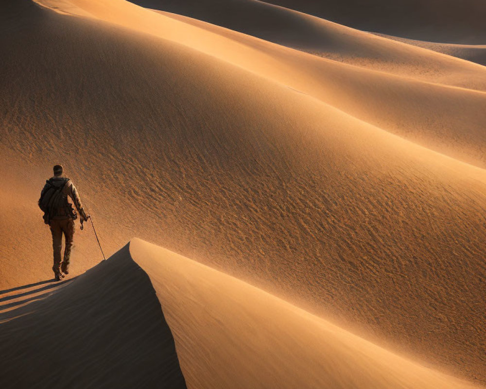 Person Walking on Sand Dune Crest in Desert Landscape