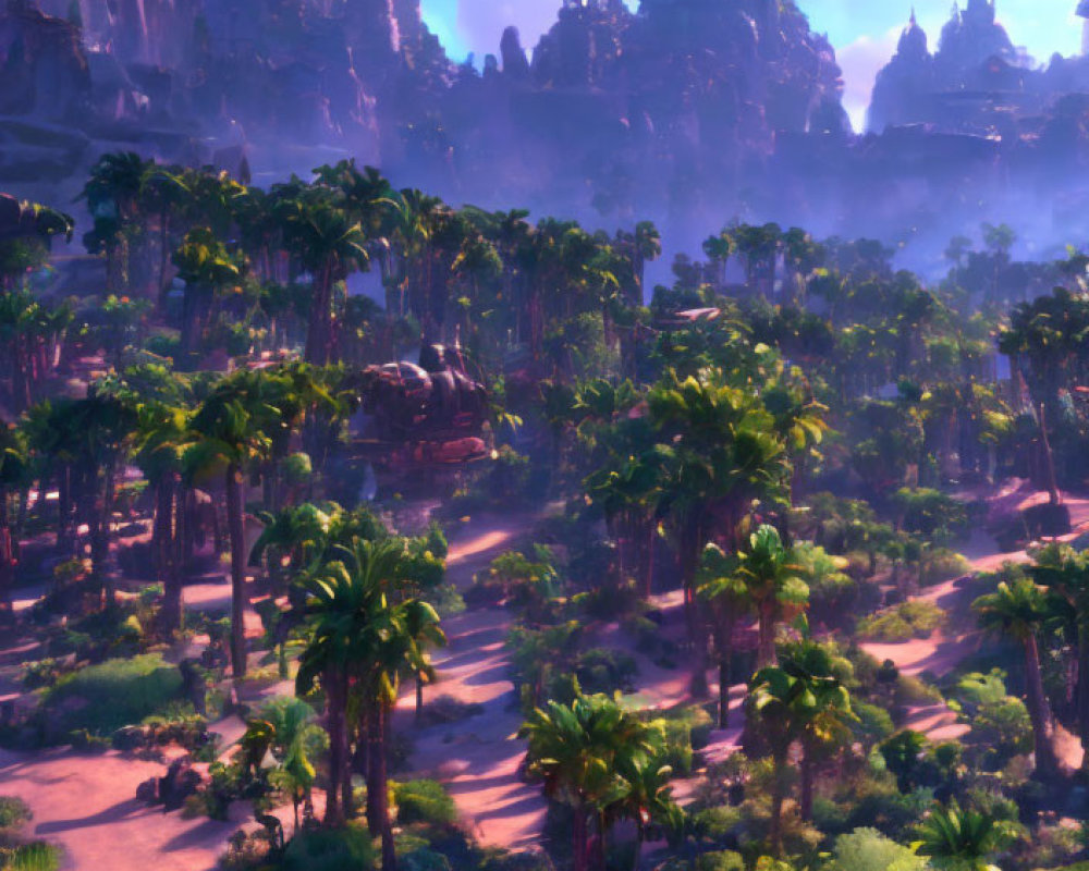 Tropical Forest with Cliffs, Palm Trees, and Sunset Shadows