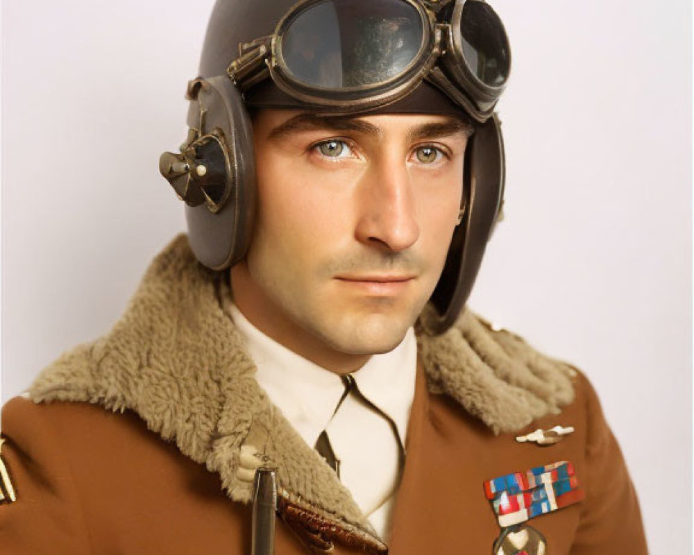 Vintage pilot in uniform with medals, leather helmet, goggles, and fur collar.