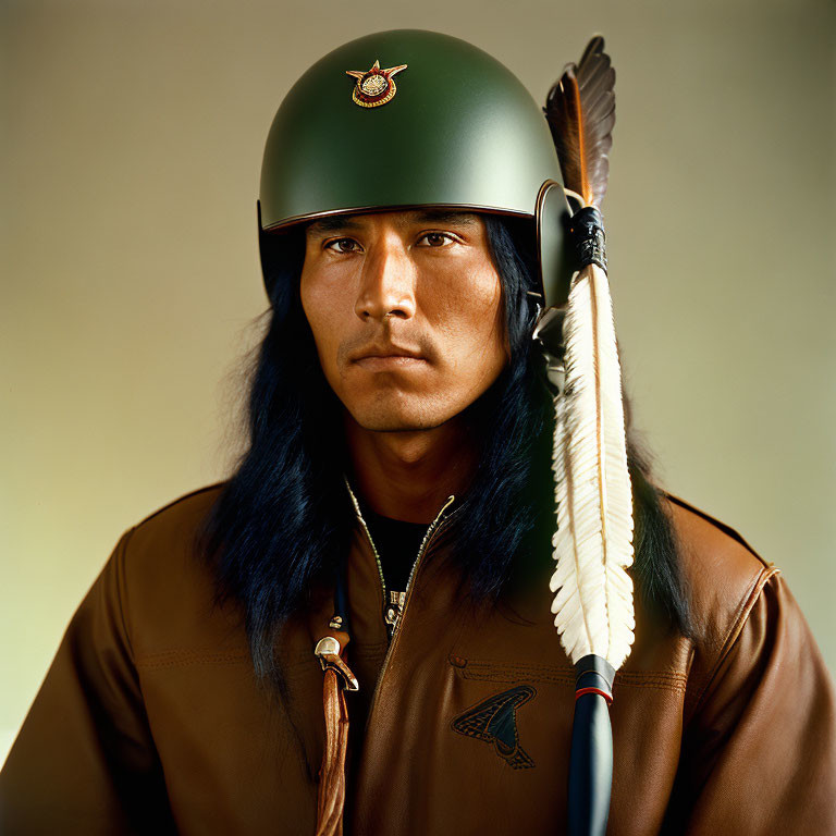 Man with Long Black Hair in Green Helmet and Military Jacket