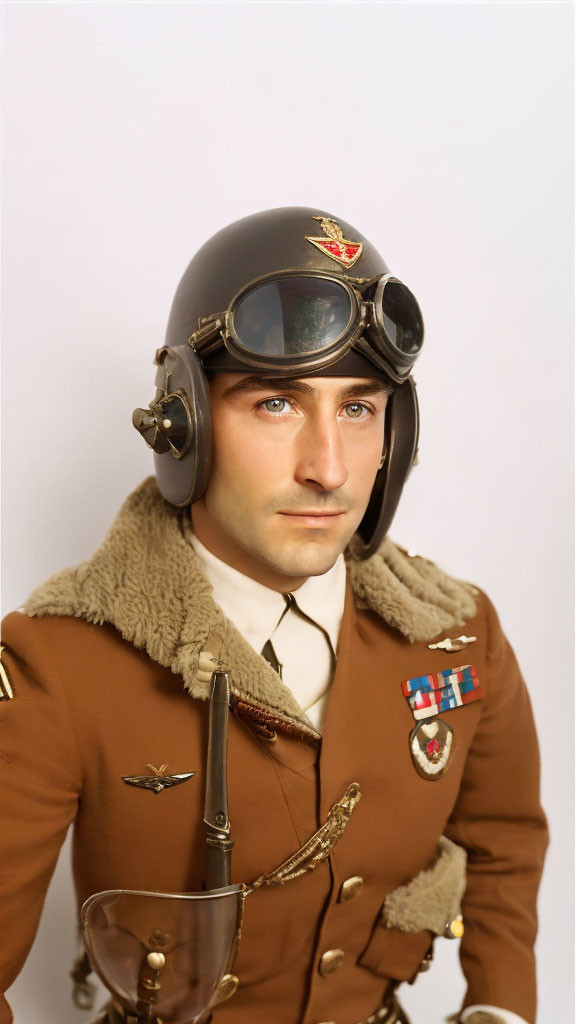 Vintage pilot in uniform with medals, leather helmet, goggles, and fur collar.