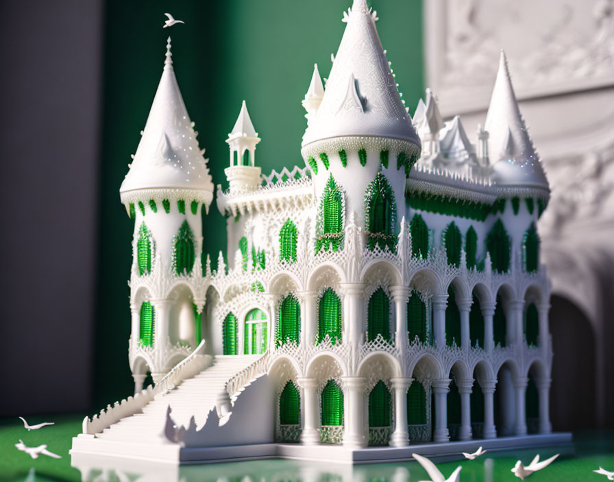 Detailed White Castle Model with Towers and Arches Surrounded by Paper Birds