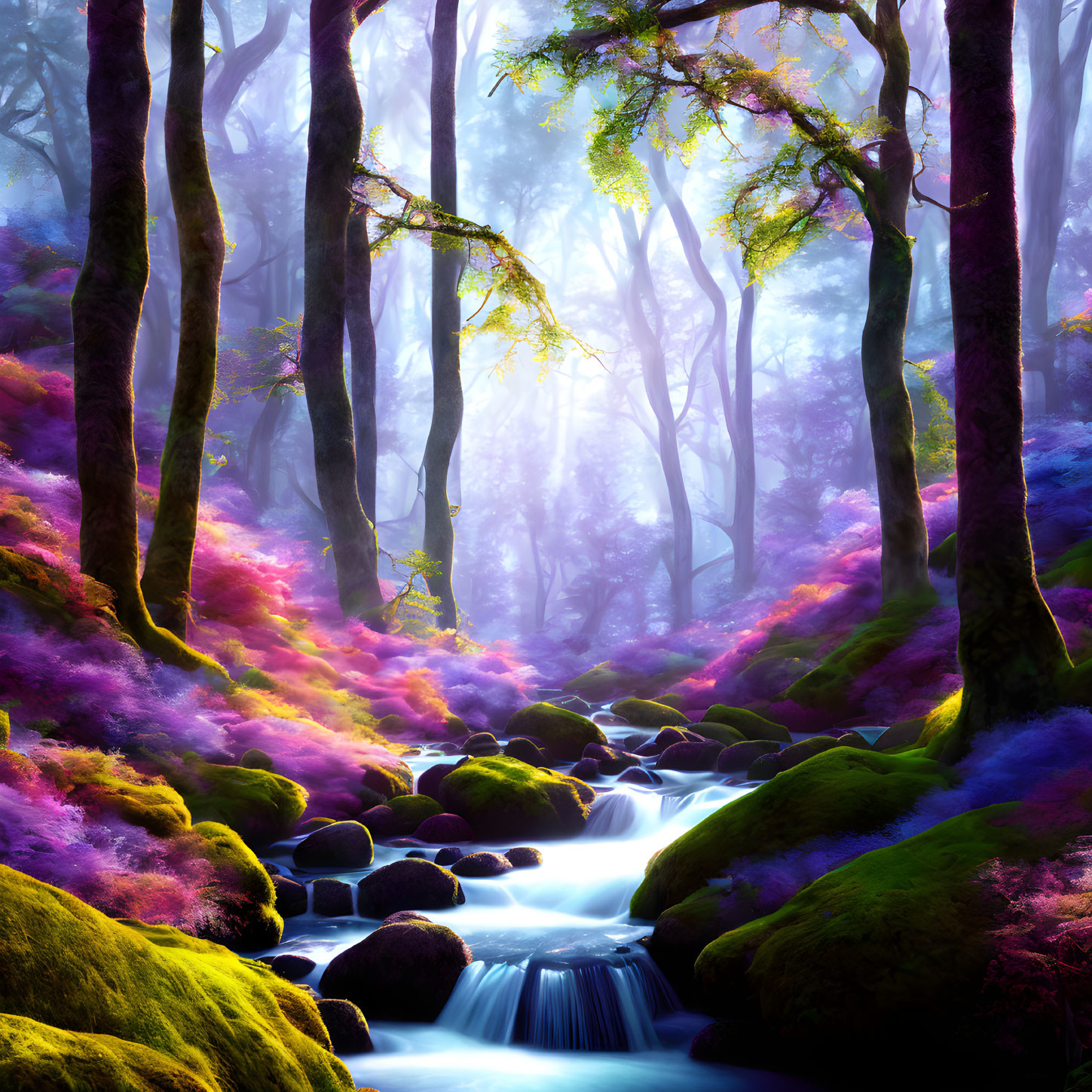 Mystical Forest with Purple Foliage, Stream, and Sunlit Trees