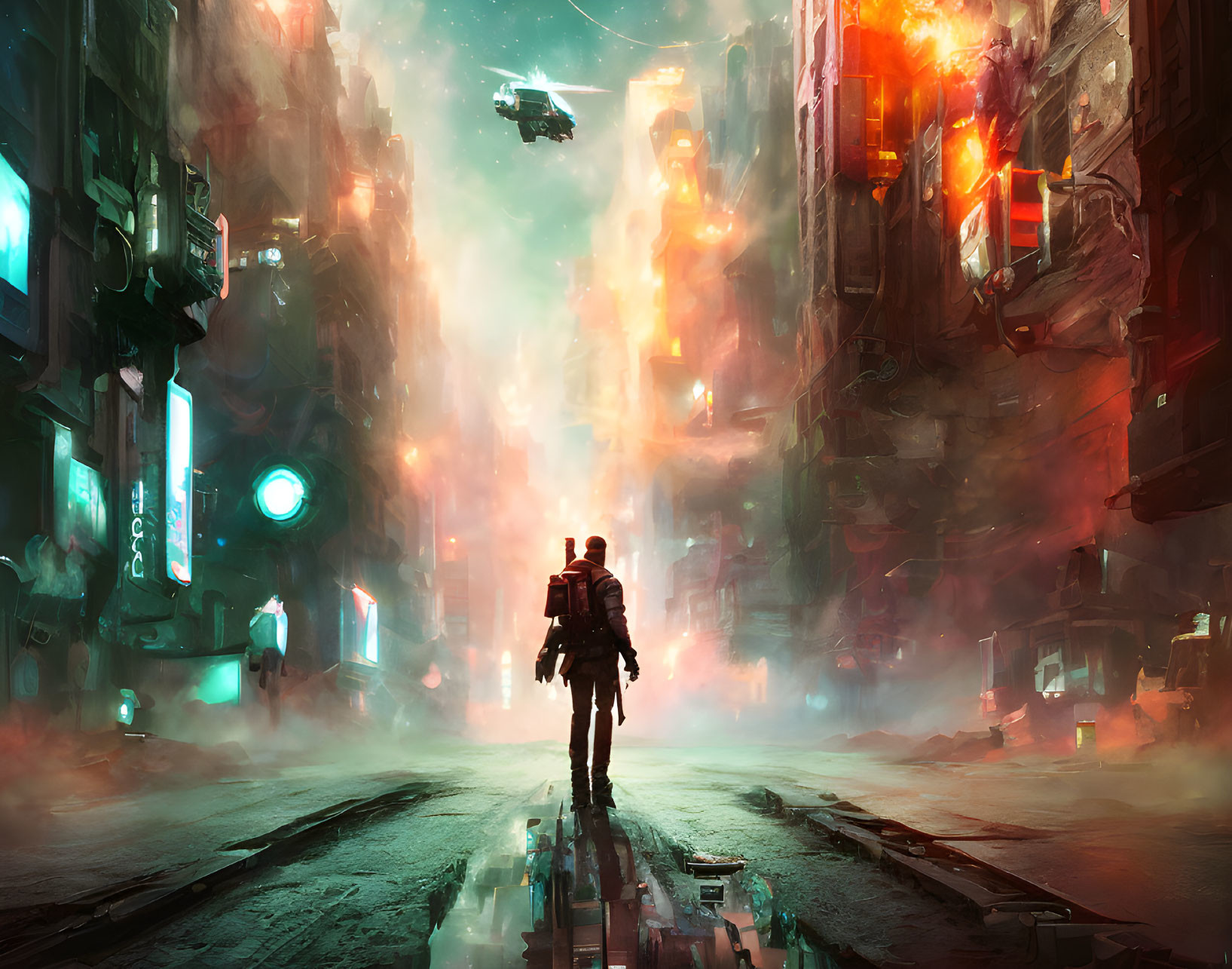 Futuristic cityscape with lone figure and flying vehicle in neon-lit setting