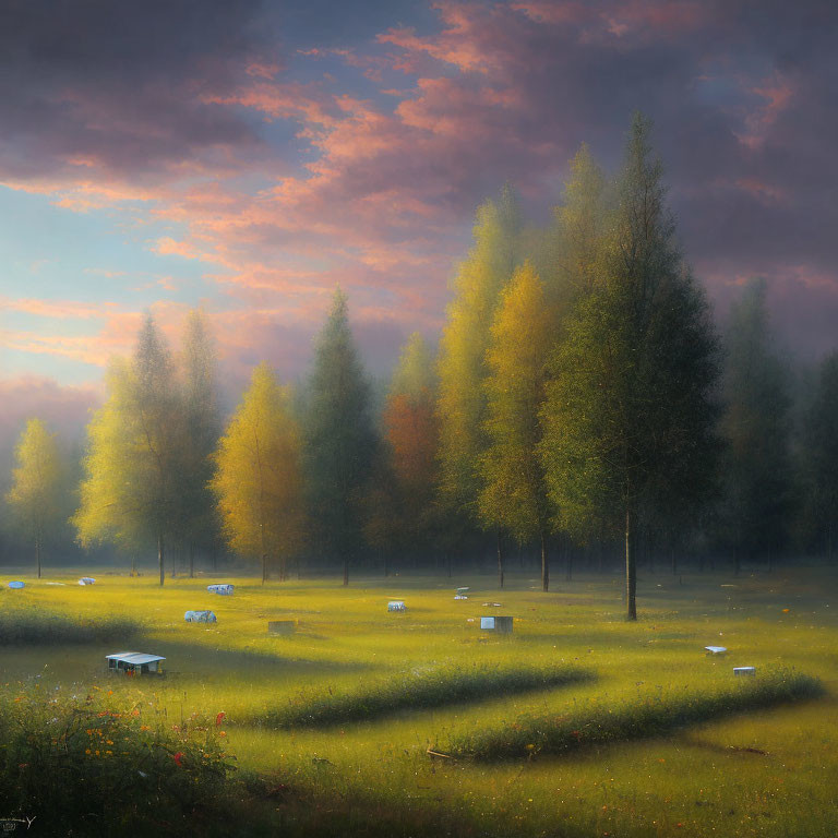 Ethereal sunrise landscape with autumn trees and bee boxes