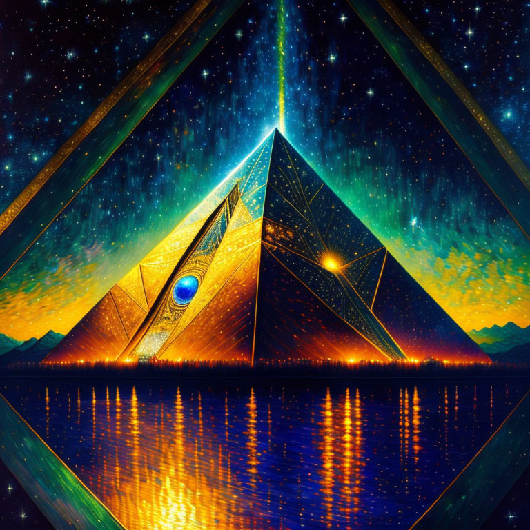 Futuristic pyramid with radiant beams on tranquil water