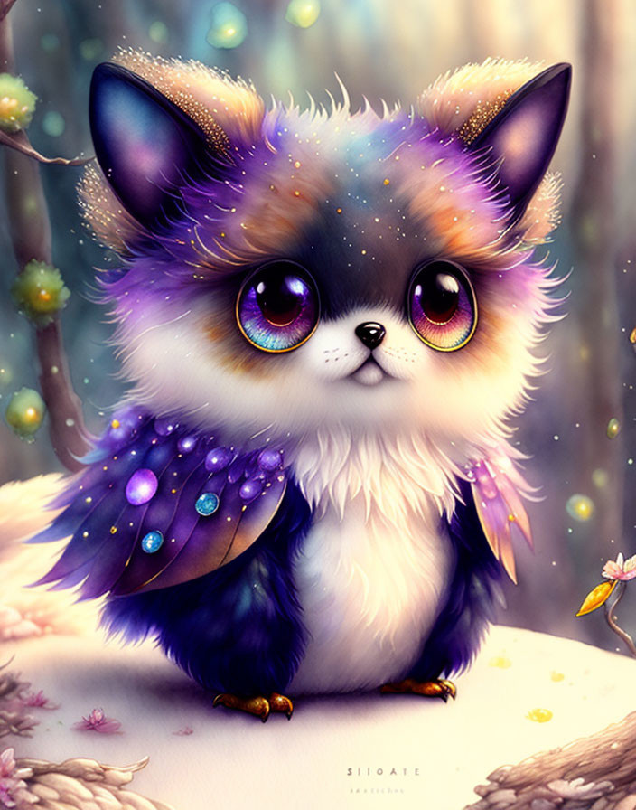 Colorful illustration of fluffy creature with cosmic fur and purple wings