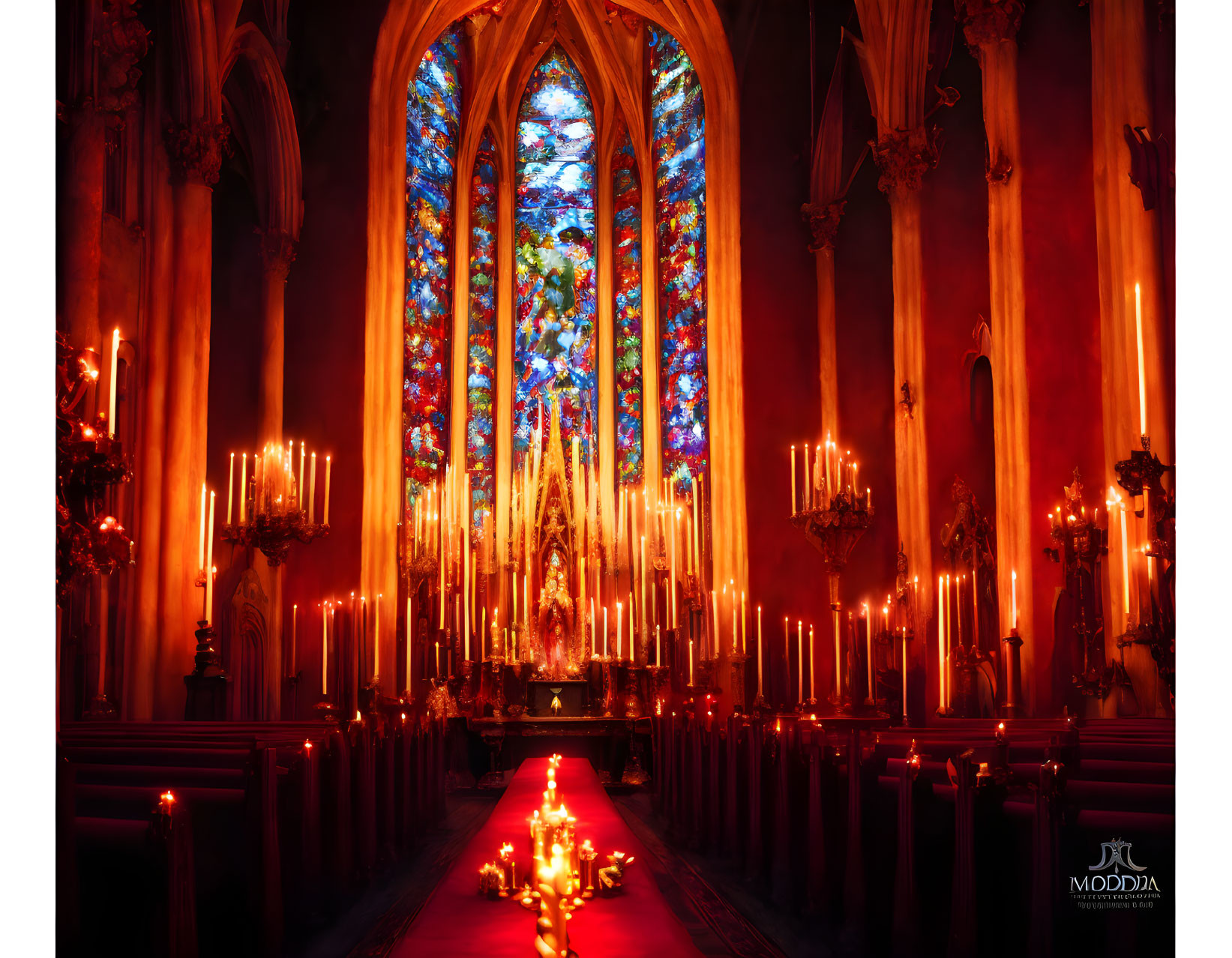 Gothic Church Interior with Stained Glass Windows and Ornate Altar