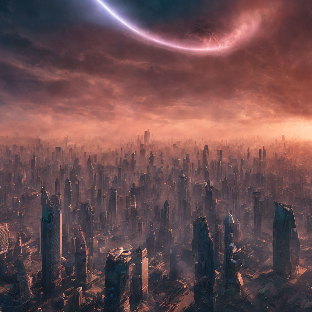 Dystopian cityscape with towering buildings and eerie celestial anomaly