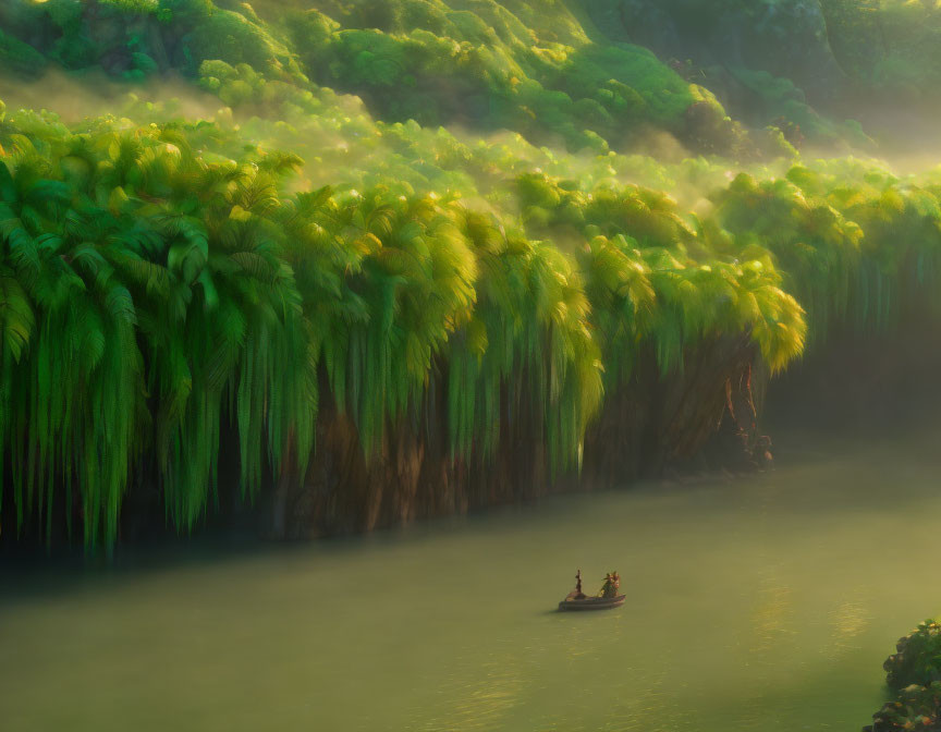 Scenic image of small boat on misty river with lush green trees