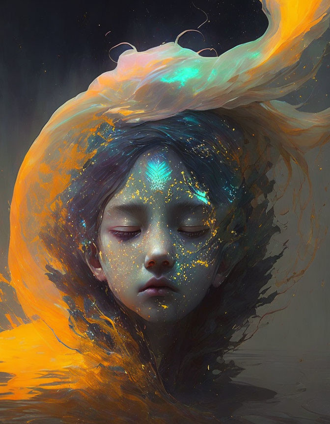 Cosmic-themed digital art with girl and fiery swirls