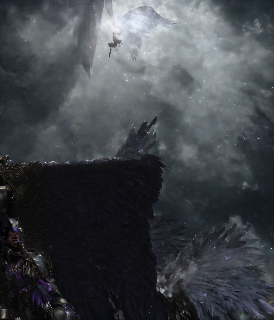 Person in Purple Armor Beside Winged Creature Under Cosmic Sky