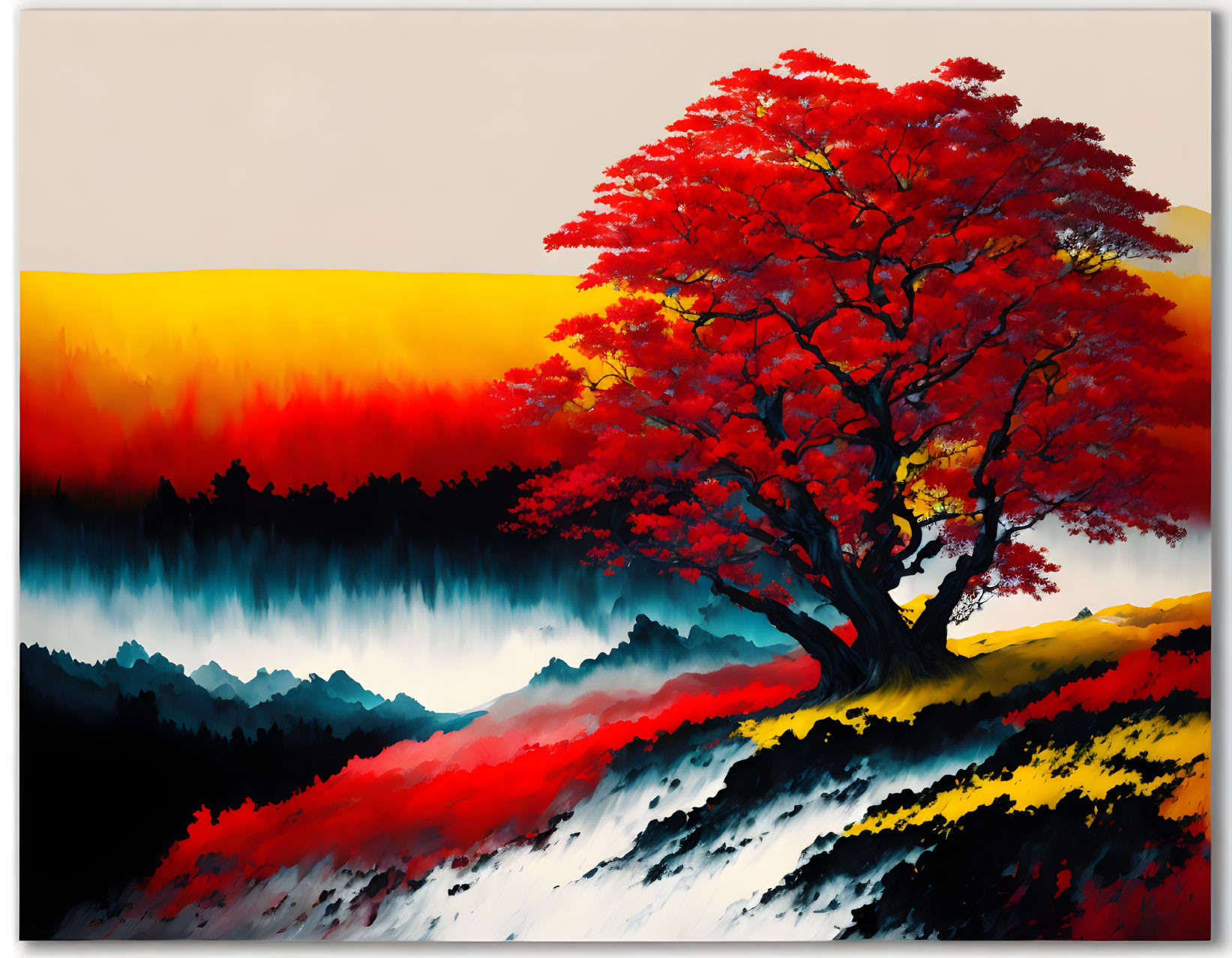 Colorful painting of red tree on black and white mountains with red and yellow gradients