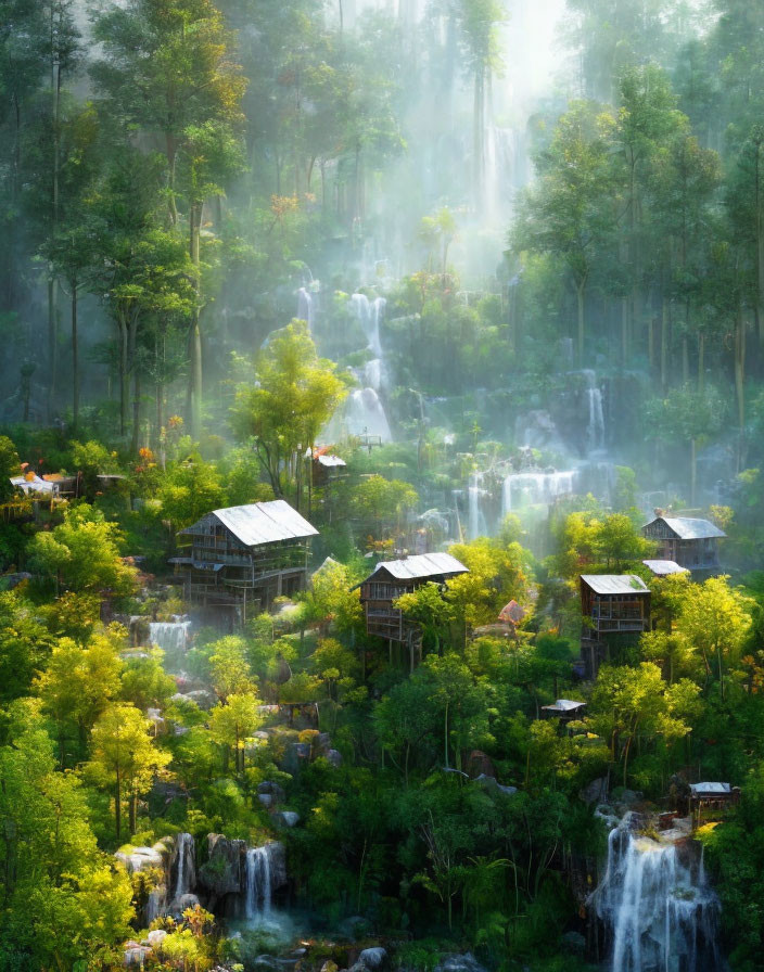 Tranquil forest scene with waterfalls, sunlight, and wooden houses