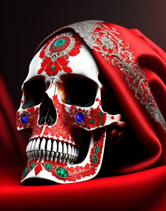 Colorful Skull Decorated with Red and Green Patterns and Jewels on Red Cloth Background