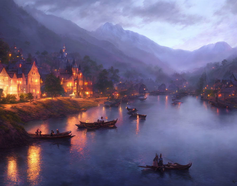 Medieval village at twilight with glowing windows, river, misty mountains.