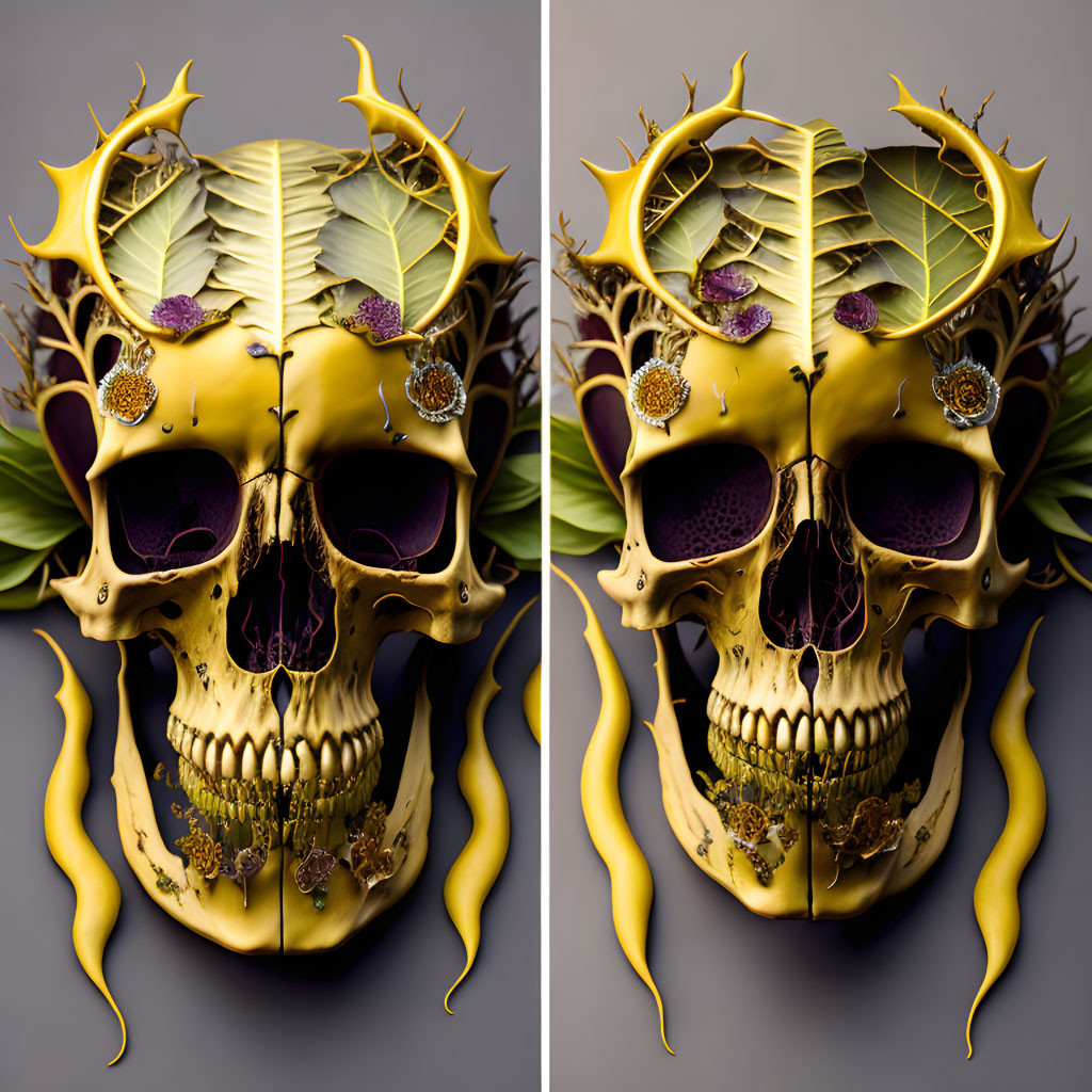 Ornate skull with golden hues and floral details on grey background