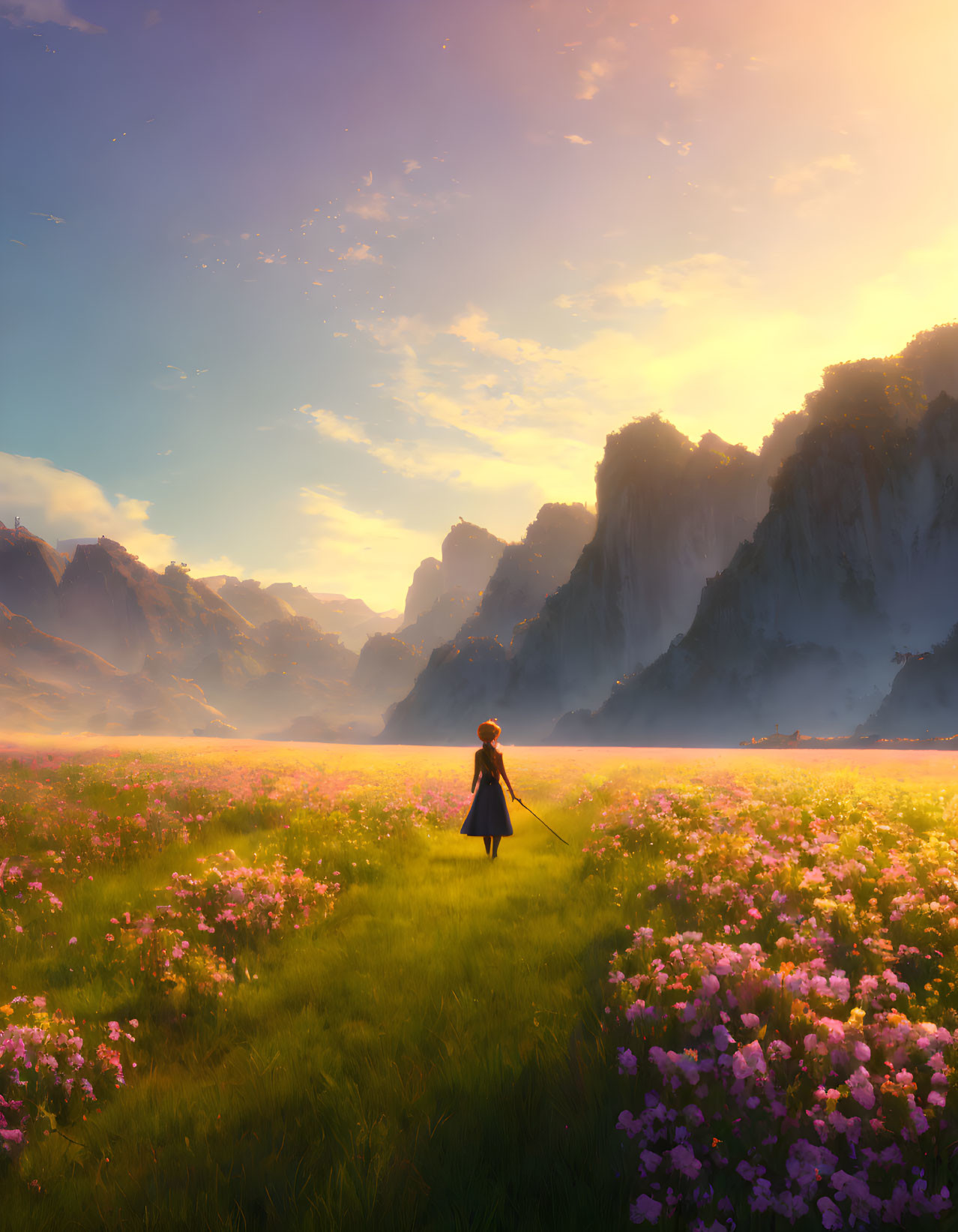 Solitary figure in blooming field with mountain range under golden sky