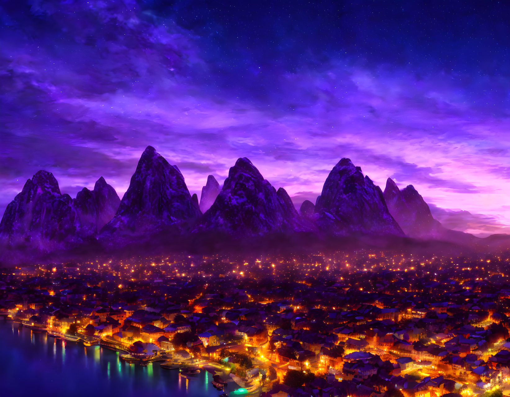 City nestled among snow-capped peaks under starry sky