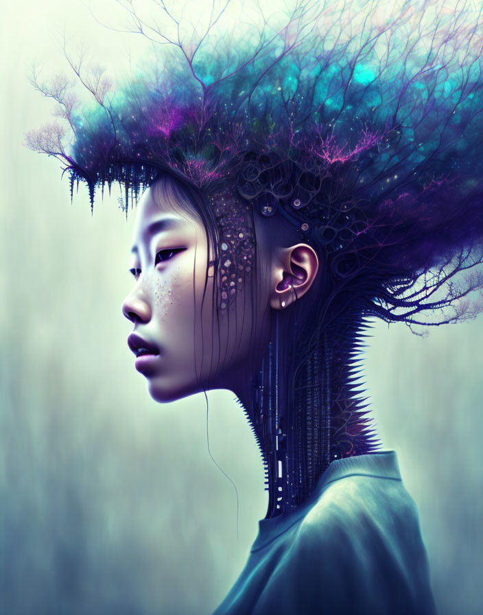 Colorful futuristic hairstyle girl blending organic and mechanical elements