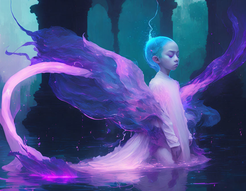 Surreal image: Person with blue hair, purple wings, standing in water